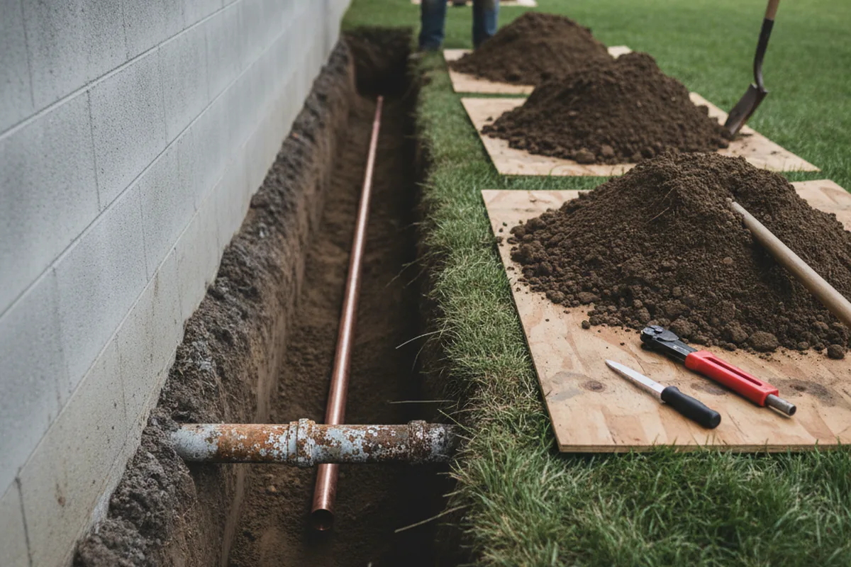 Excavated water line trench during Water Softener Installation in Ludlow